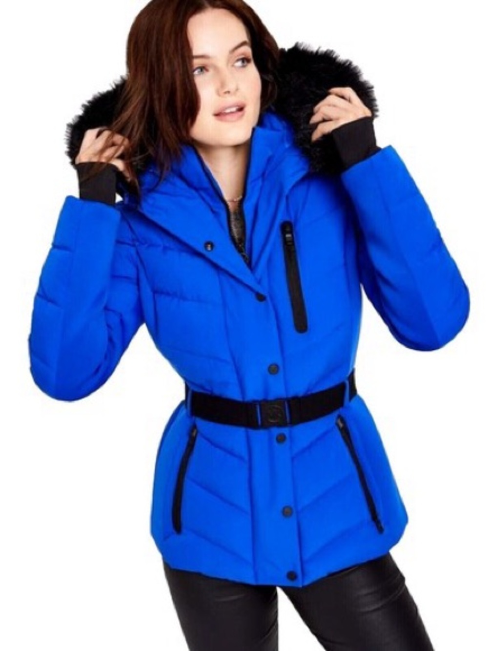 Michael Kors Royal Blue Quilted Belted Puffer with Faux Fur Trim